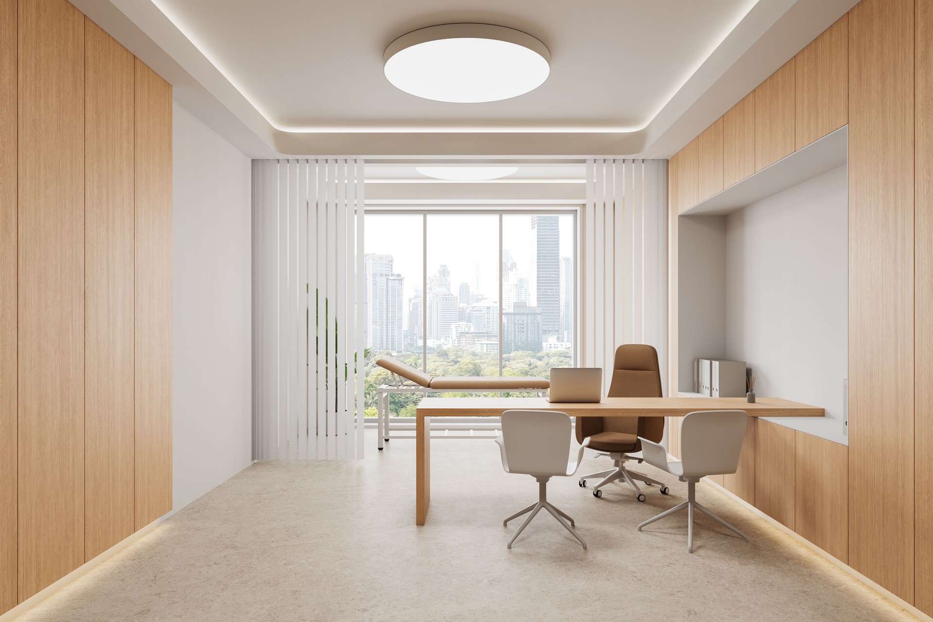 Modern medical office interior with wooden furniture and large window overlooking city skyline. Elegant and minimalist healthcare space with natural light. 3D Rendering